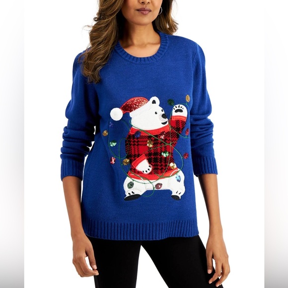 Women’s Karen Scott Blue Polar Bear Holiday Sweater - Picture 1 of 8